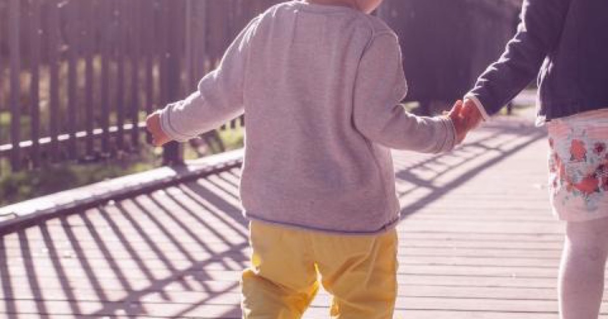 A toddler in a gray sweater walking on a wooden footbridge, holding an adult's hand